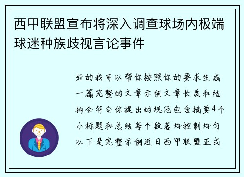 西甲联盟宣布将深入调查球场内极端球迷种族歧视言论事件